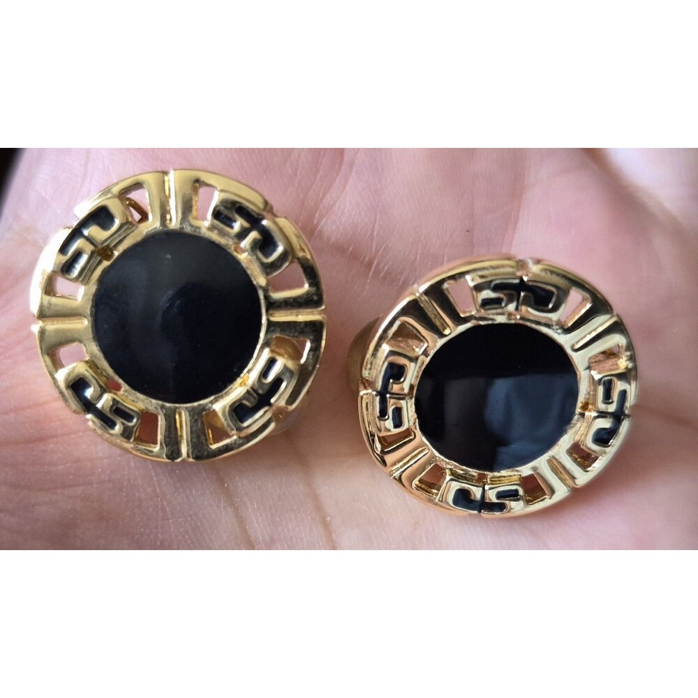 VTG St John Black Enamel Clip  Logo Earrings